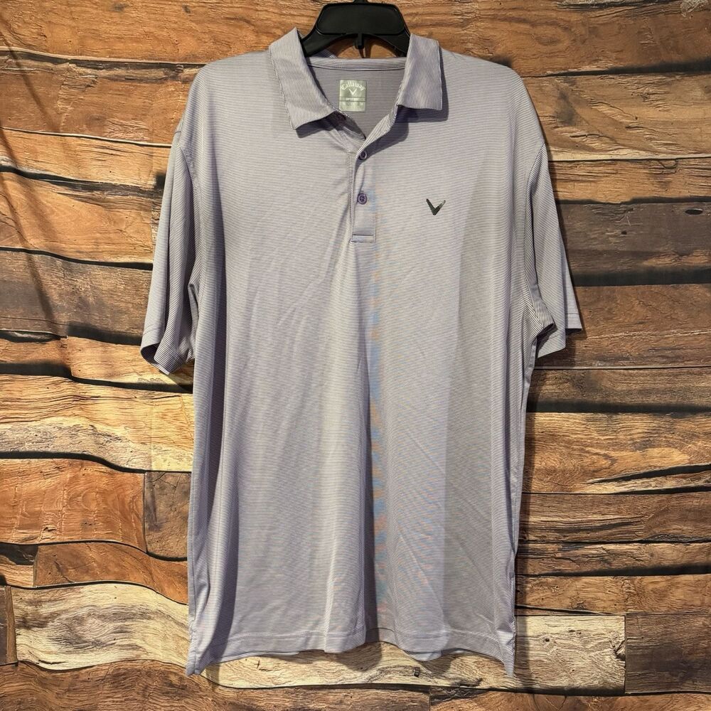 Callaway Golf Shirt Men XL Purple White Striped Opti Dri Short Sleeve Polo Top